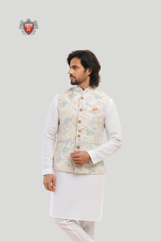 Pastel Floral Printed Waistcoat – Modern Festive Charm