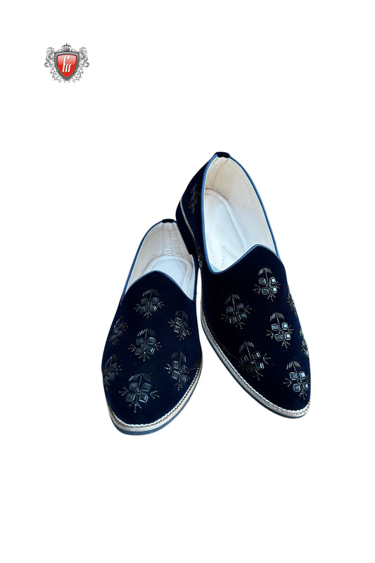 Men’s Navy Blue Velvet Jutti with Geometric Embroidery