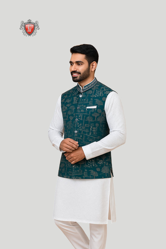 Teal Printed Waistcoat with Contrast Detailing – Contemporary Ethnic Style