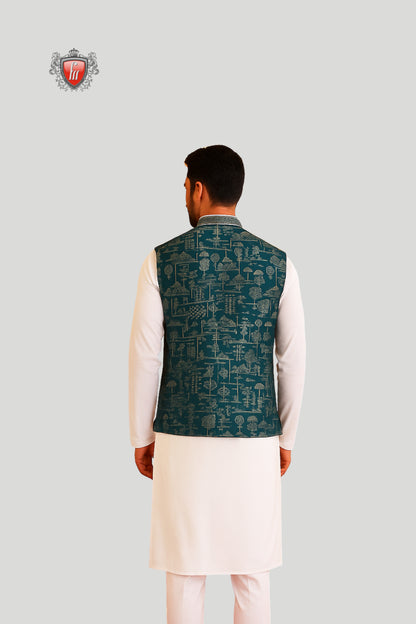 Teal Printed Waistcoat with Contrast Detailing – Contemporary Ethnic Style
