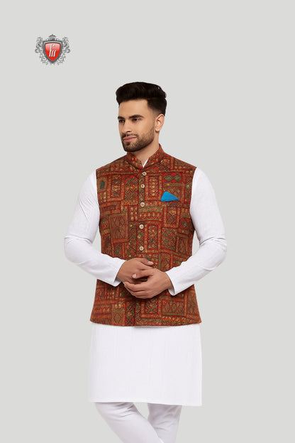 Rust Red Embroidered Waistcoat with Geometric Motifs – Regal Festive Wear