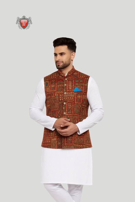 Rust Red Embroidered Waistcoat with Geometric Motifs – Regal Festive Wear