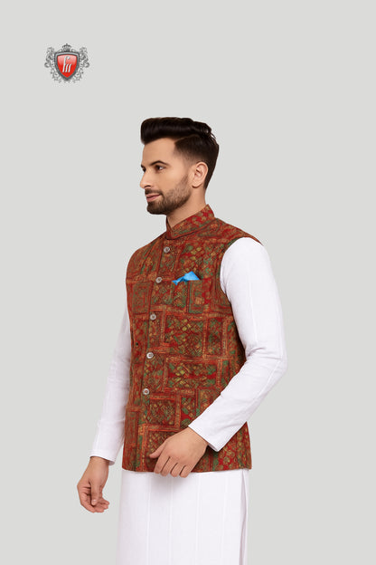Rust Red Embroidered Waistcoat with Geometric Motifs – Regal Festive Wear
