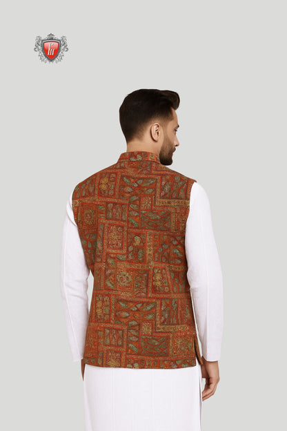 Rust Red Embroidered Waistcoat with Geometric Motifs – Regal Festive Wear