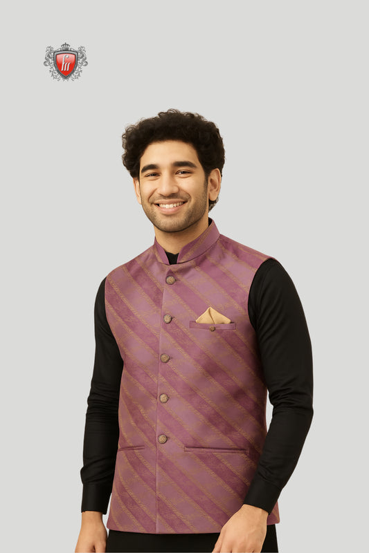 Purple Striped Waistcoat with Golden Accents – Stylish Festive Elegance