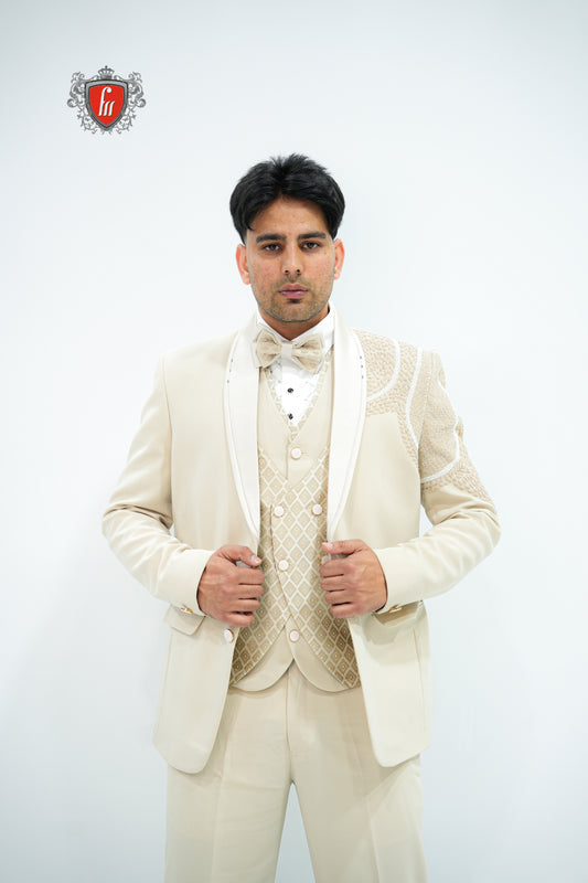 Men’s Cream Designer 5-Piece Suit – Embroidered Wedding & Reception Wear