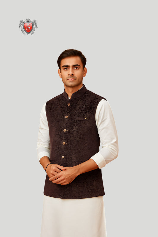 Dark Brown Embroidered Waistcoat with Textured Detailing – Timeless Festive Elegance