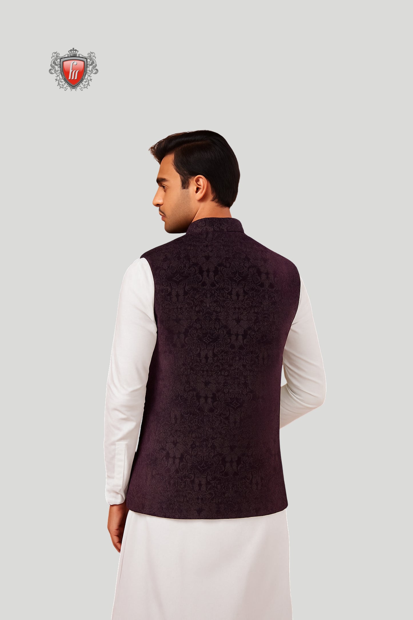 Dark Brown Embroidered Waistcoat with Textured Detailing – Timeless Festive Elegance