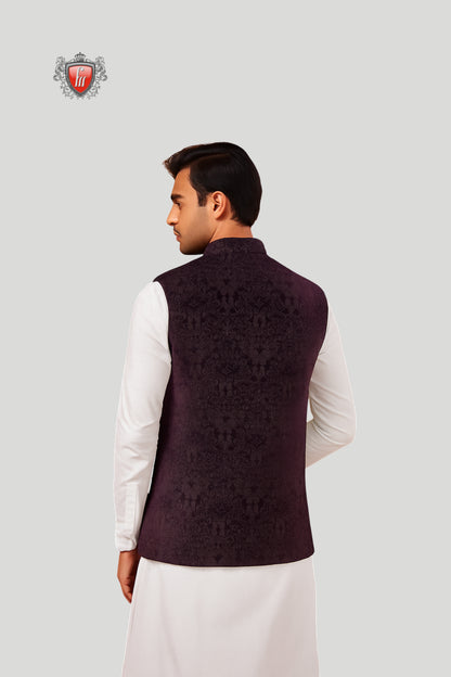 Dark Brown Embroidered Waistcoat with Textured Detailing – Timeless Festive Elegance