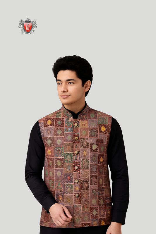 Multicolor Printed Waistcoat with Patchwork Motifs – Vibrant Festive Style