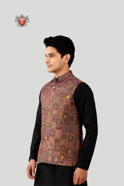 Multicolor Printed Waistcoat with Patchwork Motifs – Vibrant Festive Style