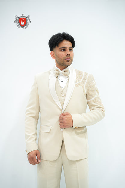 Men’s Cream Designer 5-Piece Suit – Embroidered Wedding & Reception Wear