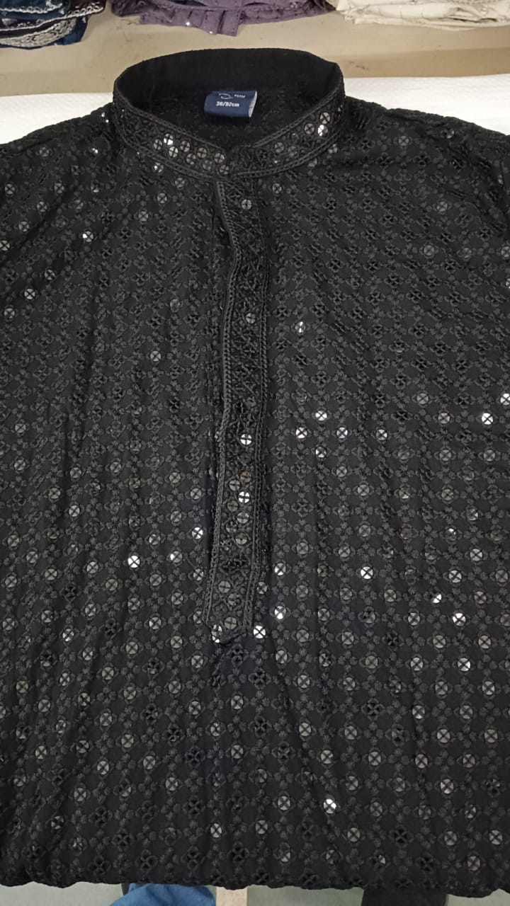 Black Chikankari Kurta Pajama for Men – Elegant Mirror Embroidered Party Wear