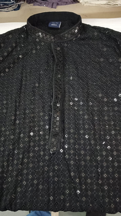 Black Chikankari Kurta Pajama for Men – Elegant Mirror Embroidered Party Wear