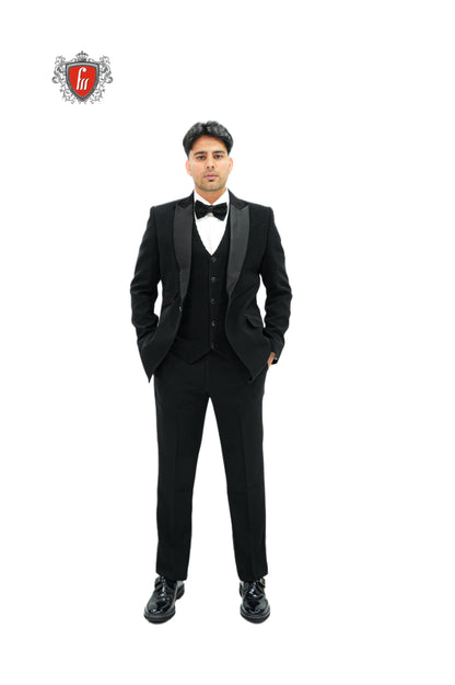 Timeless Men's Black Formal Tuxedo – Satin Finish & Modern Shoulder Design