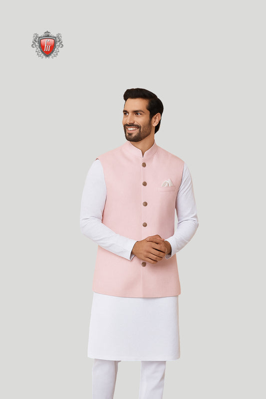 Pastel Pink Waistcoat with Wooden Buttons – Subtle Festive Elegance