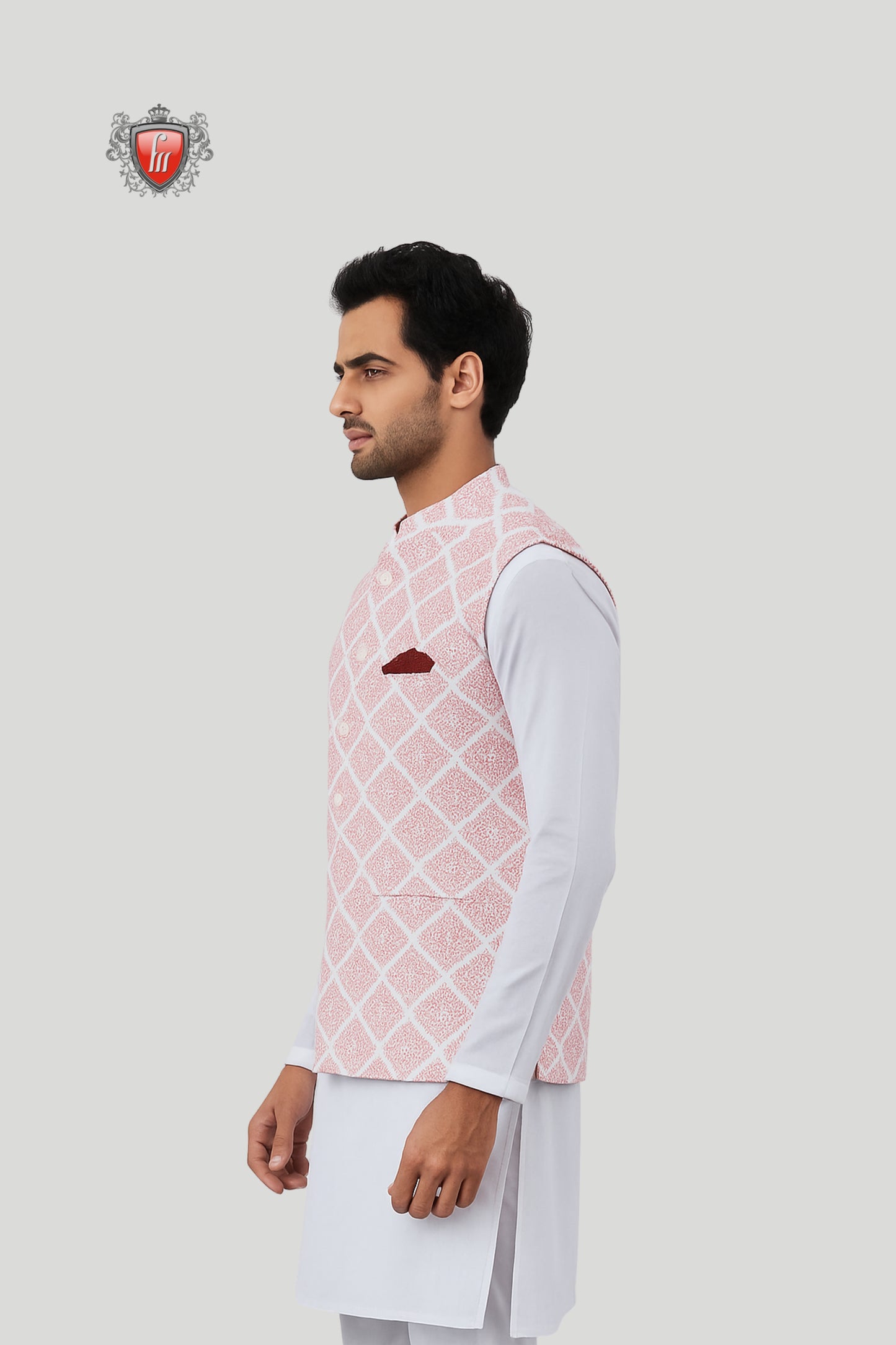 Light Pink Diamond Pattern Waistcoat – Sophisticated Festive Charm