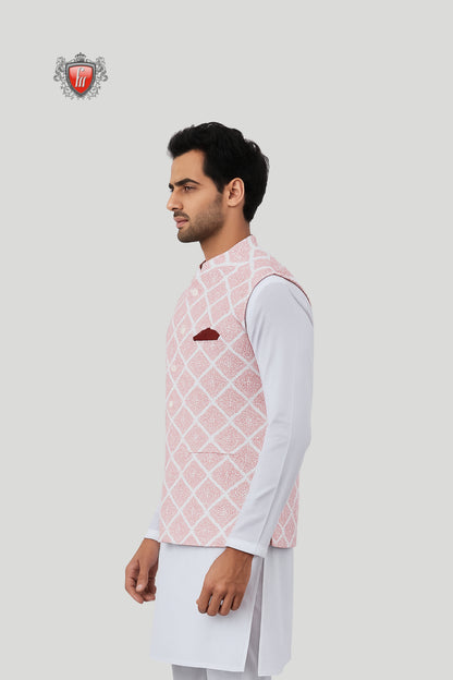 Light Pink Diamond Pattern Waistcoat – Sophisticated Festive Charm