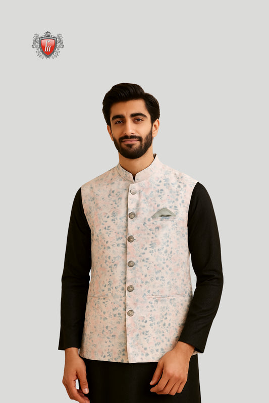 Pastel Floral Printed Waistcoat with Subtle Detailing – Modern Festive Look