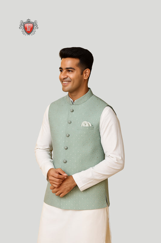 Mint Green Embroidered Waistcoat with Subtle Motifs – Fresh Festive Style