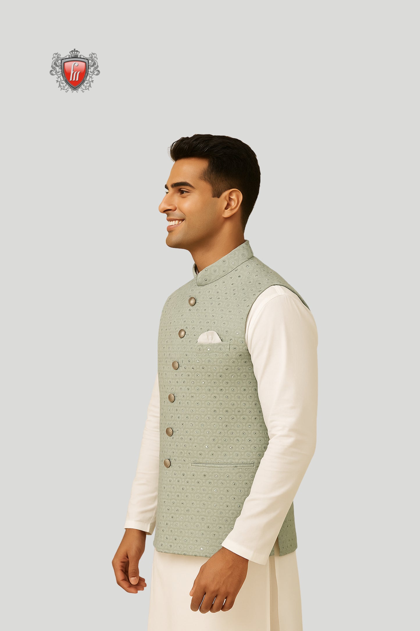 Mint Green Embroidered Waistcoat with Subtle Motifs – Fresh Festive Style