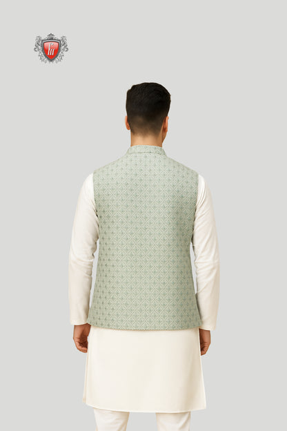 Mint Green Embroidered Waistcoat with Subtle Motifs – Fresh Festive Style