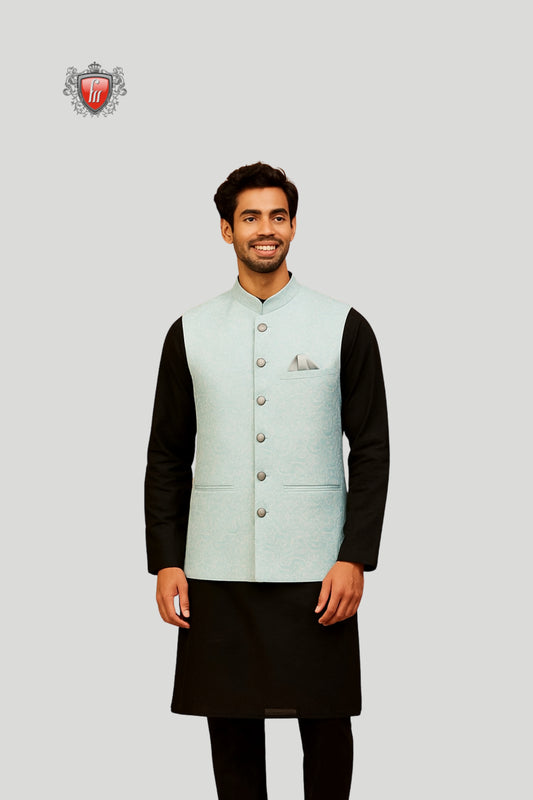 Sky Blue Waistcoat with Subtle Pattern – Contemporary Ethnic Elegance