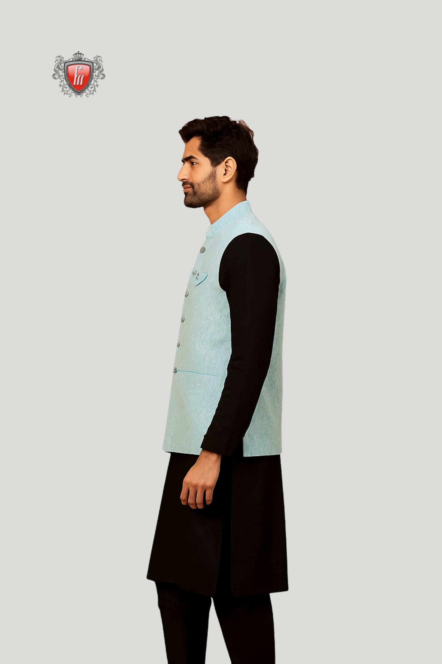 Sky Blue Waistcoat with Subtle Pattern – Contemporary Ethnic Elegance