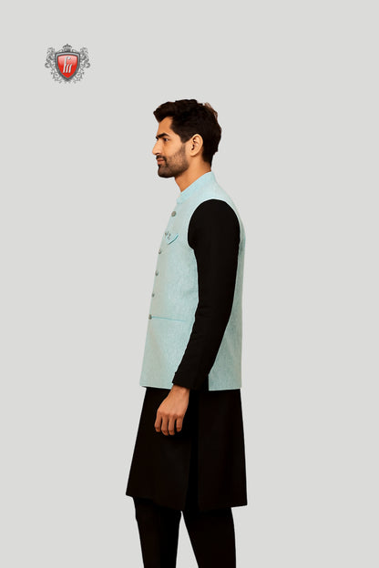 Sky Blue Waistcoat with Subtle Pattern – Contemporary Ethnic Elegance