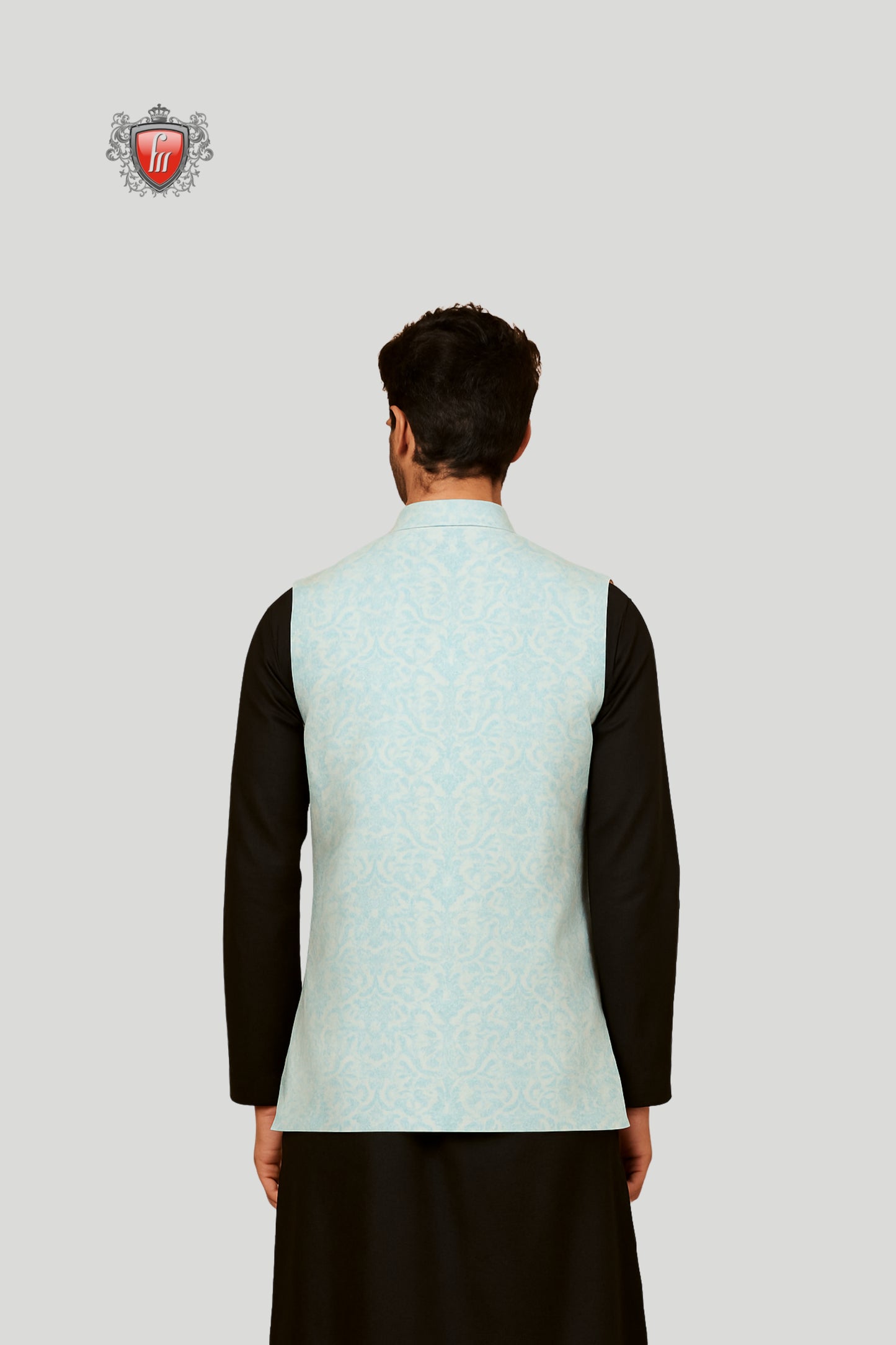 Sky Blue Waistcoat with Subtle Pattern – Contemporary Ethnic Elegance