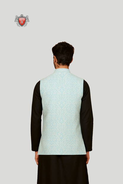 Sky Blue Waistcoat with Subtle Pattern – Contemporary Ethnic Elegance