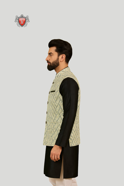 Light Green Textured Waistcoat with Wooden Buttons – Subtle Festive Elegance