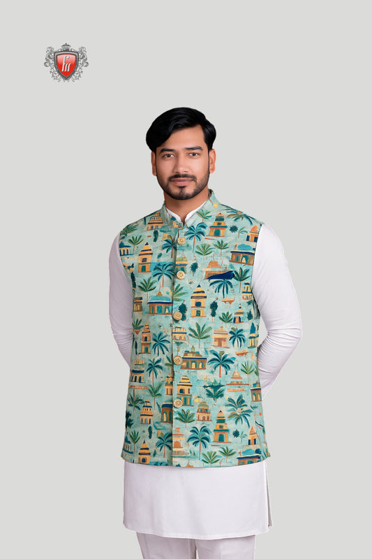 Aqua Printed Waistcoat with Heritage Motifs – Vibrant Cultural Style