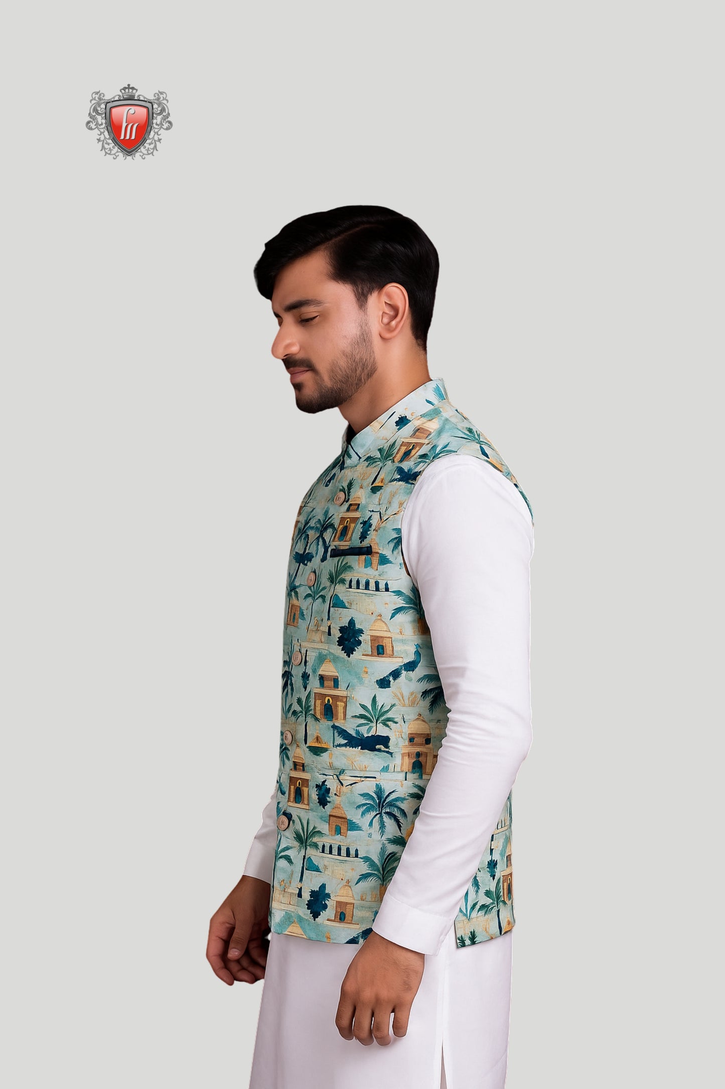 Aqua Printed Waistcoat with Heritage Motifs – Vibrant Cultural Style