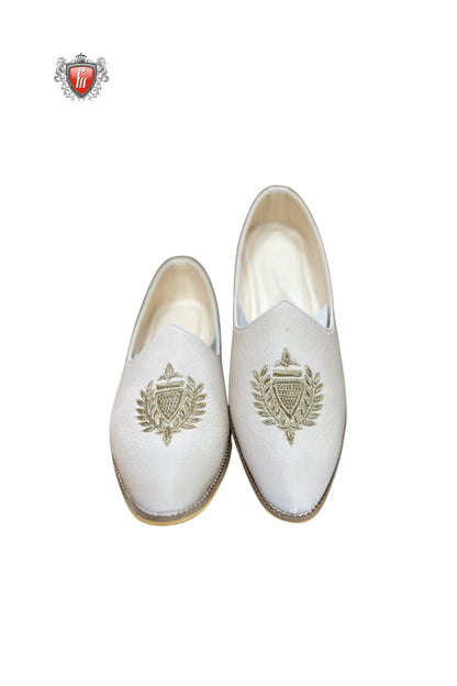 Men’s White Jutti with Golden Crest Embroidery