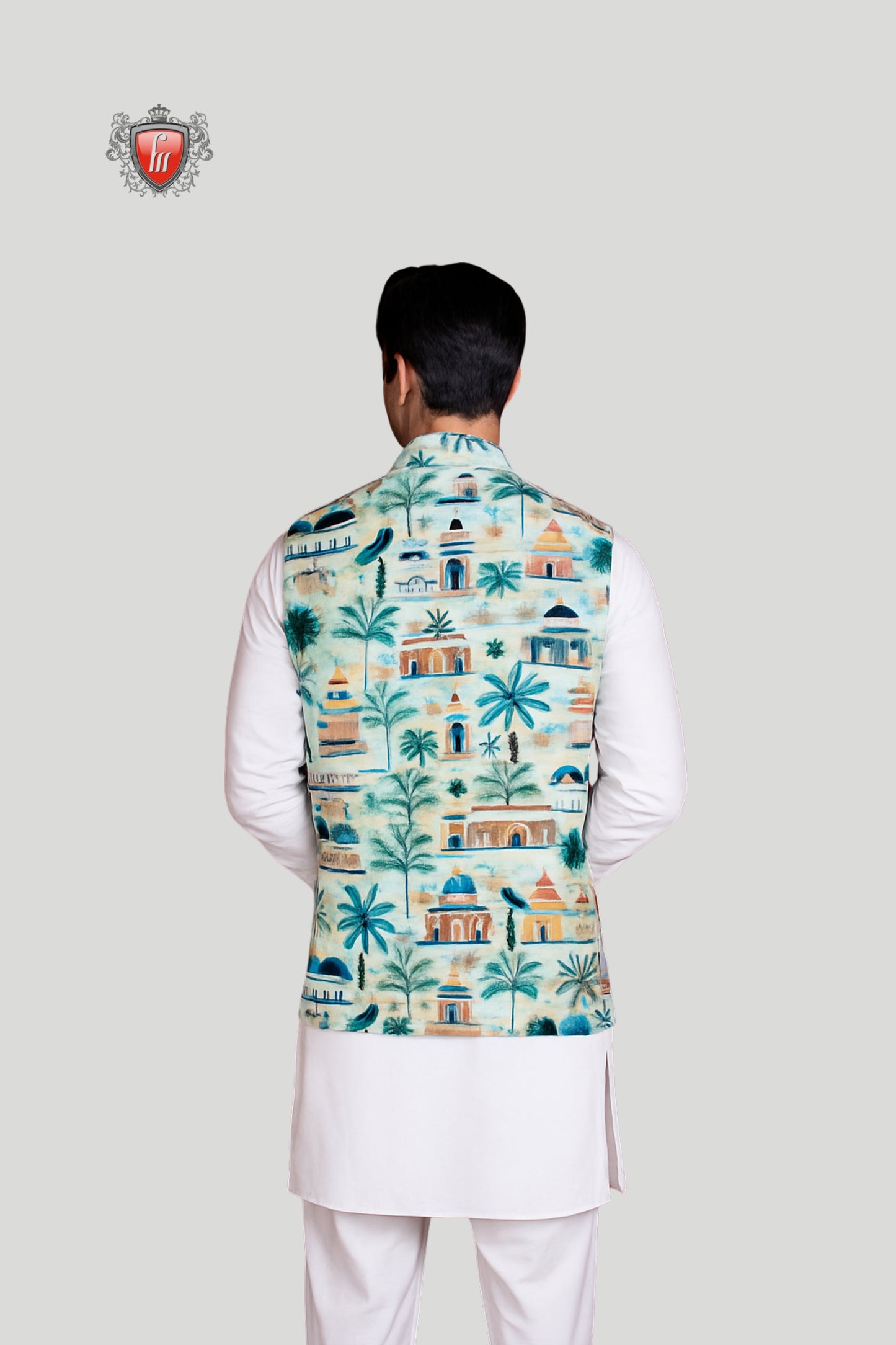 Aqua Printed Waistcoat with Heritage Motifs – Vibrant Cultural Style