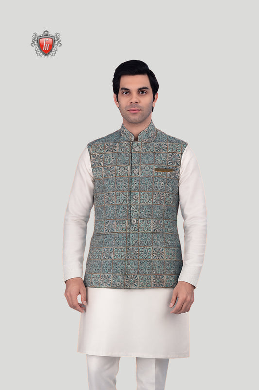 Teal Blue Printed Waistcoat with Geometric Motifs – Elegant Festive Wear