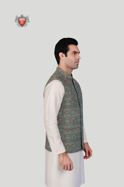 Teal Blue Printed Waistcoat with Geometric Motifs – Elegant Festive Wear