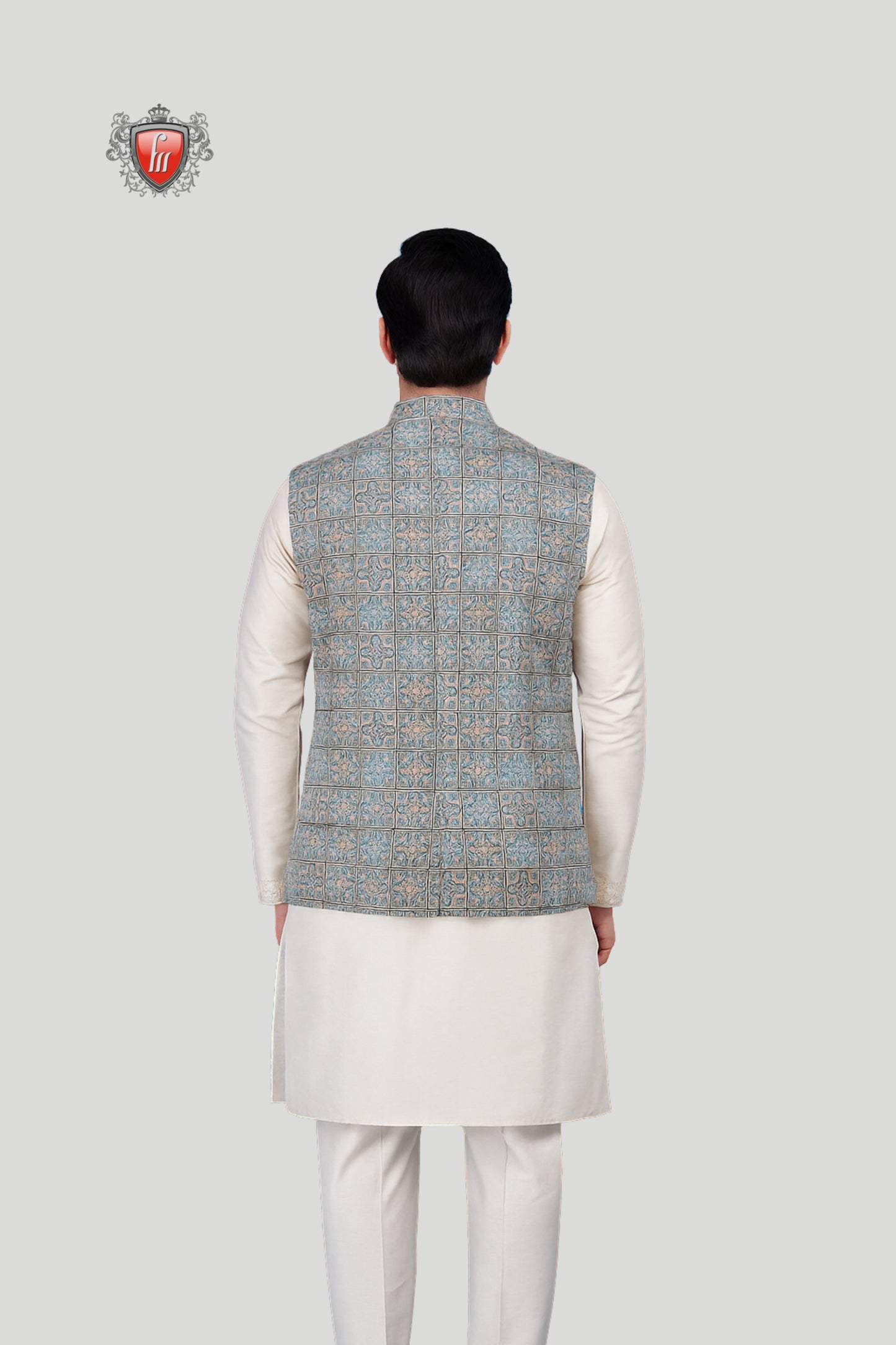 Teal Blue Printed Waistcoat with Geometric Motifs – Elegant Festive Wear