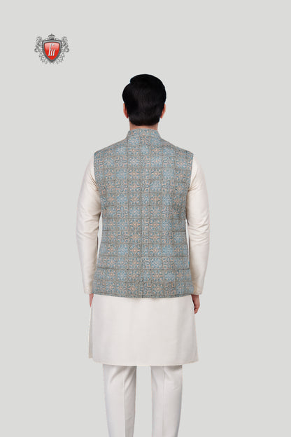 Teal Blue Printed Waistcoat with Geometric Motifs – Elegant Festive Wear
