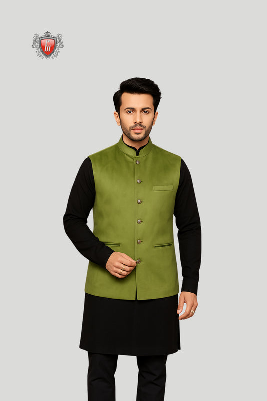 Olive Green Solid Waistcoat – Classic Contemporary Elegance
