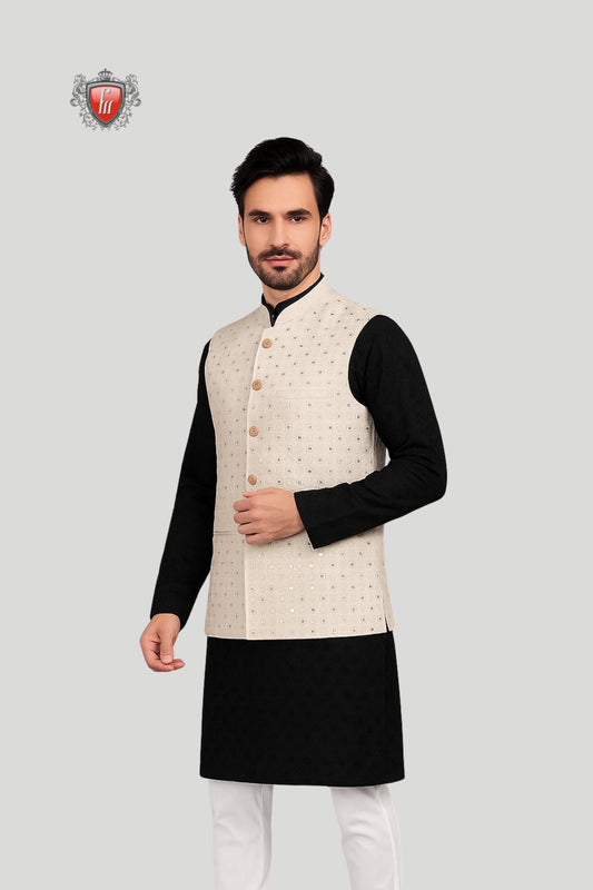 Cream Embroidered Waistcoat with Wooden Buttons – Refined Traditional Style