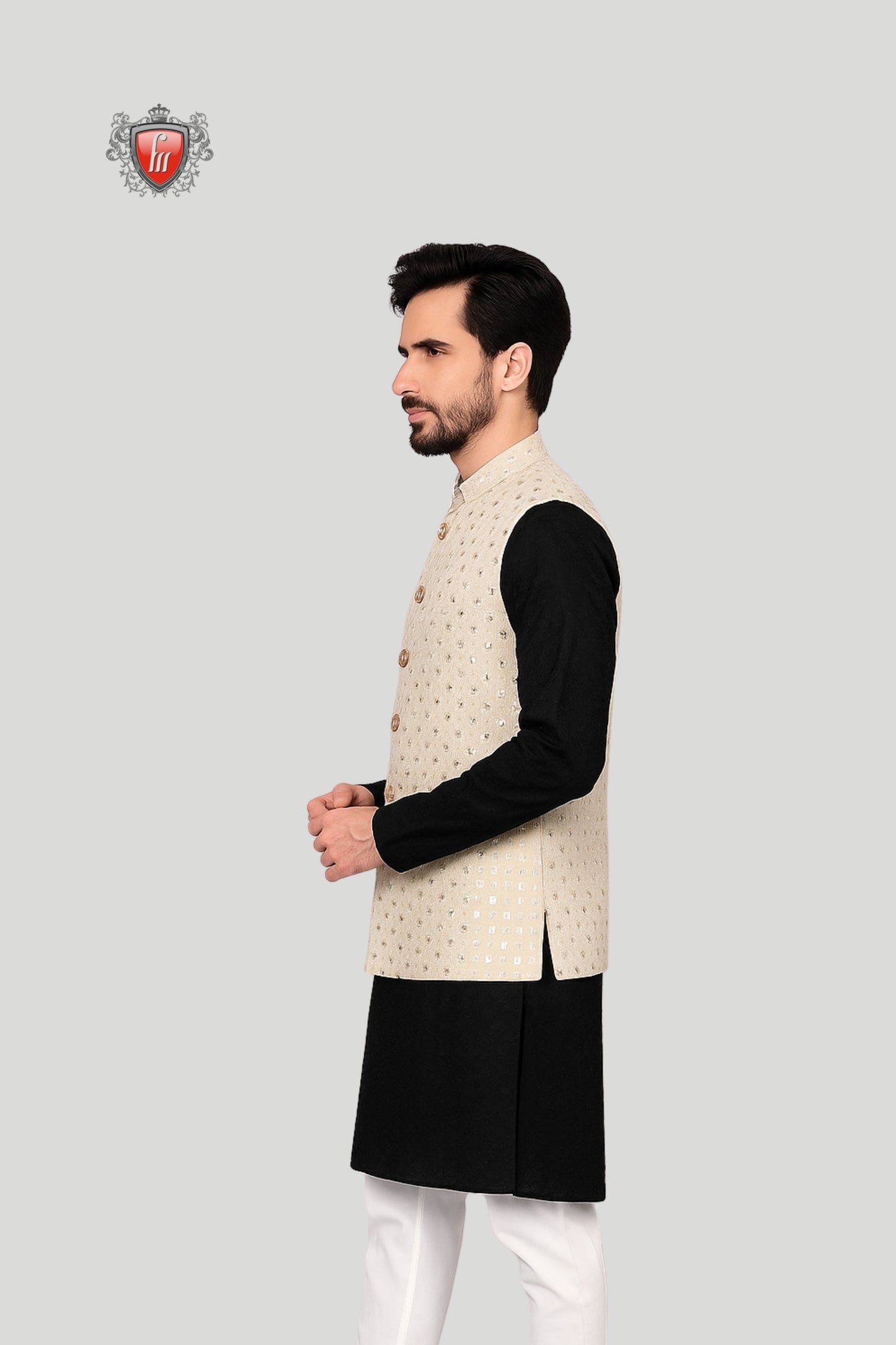 Cream Embroidered Waistcoat with Wooden Buttons – Refined Traditional Style