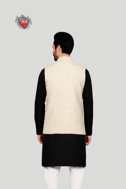 Cream Embroidered Waistcoat with Wooden Buttons – Refined Traditional Style