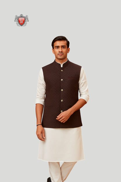 Chocolate Brown Textured Waistcoat – Modern Classic Ethnic Style