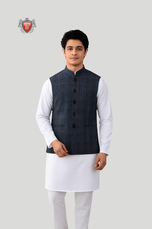 Navy Blue Checkered Waistcoat – Classic Elegance with Modern Appeal