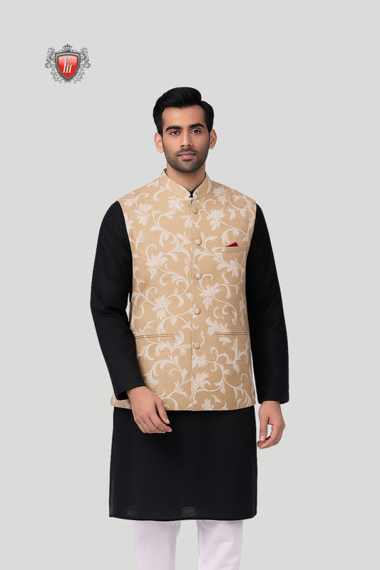 Beige Floral Embroidered Waistcoat – Refined Festive Elegance