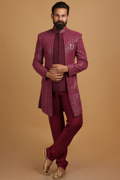 Wine Red Georgette Embroidered Men Jacket Style Sherwani