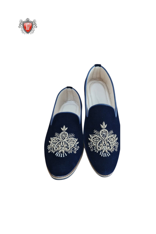 Men’s Navy Blue Velvet Jutti with Golden Floral Embroidery