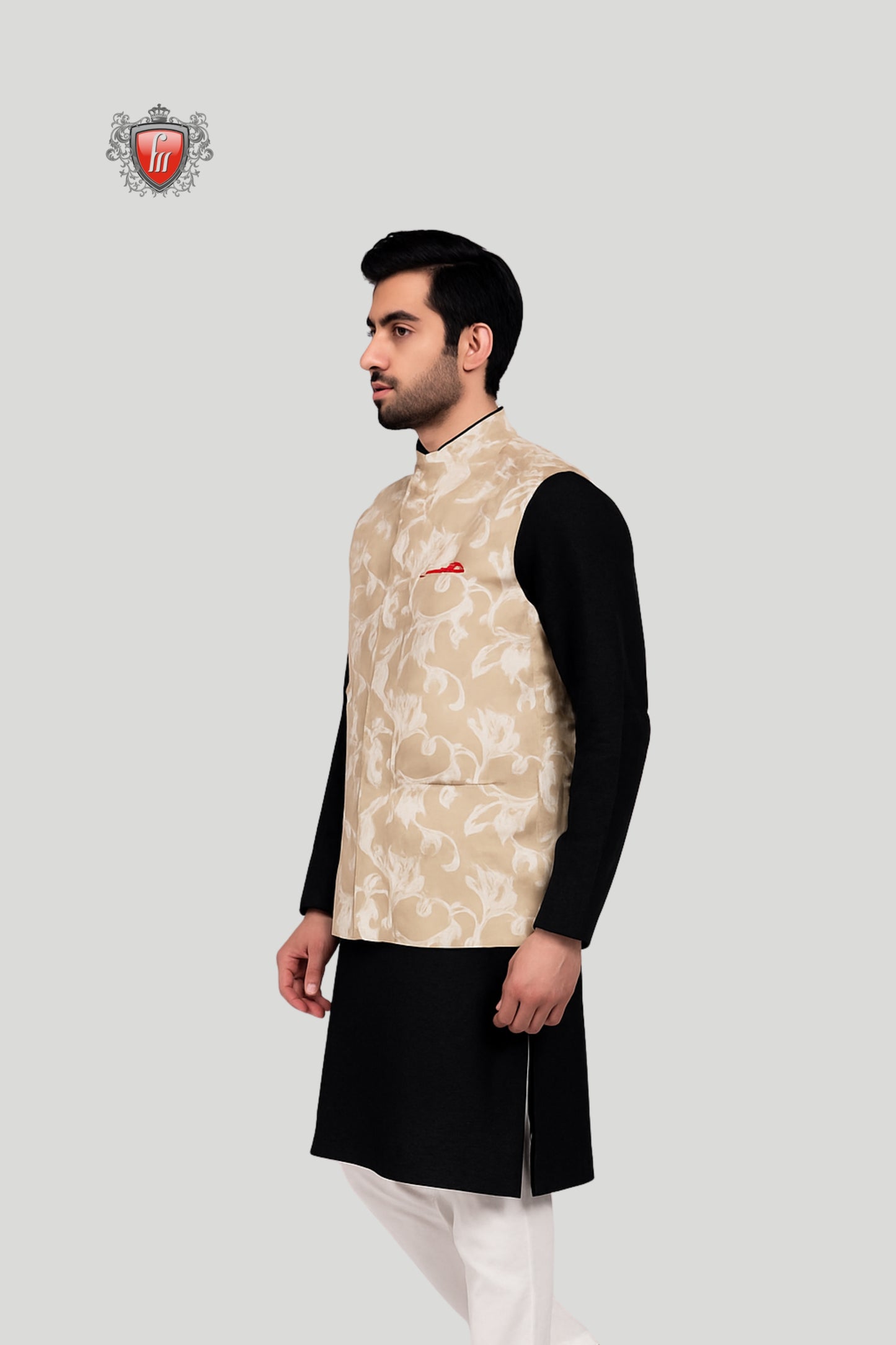 Beige Floral Embroidered Waistcoat – Refined Festive Elegance